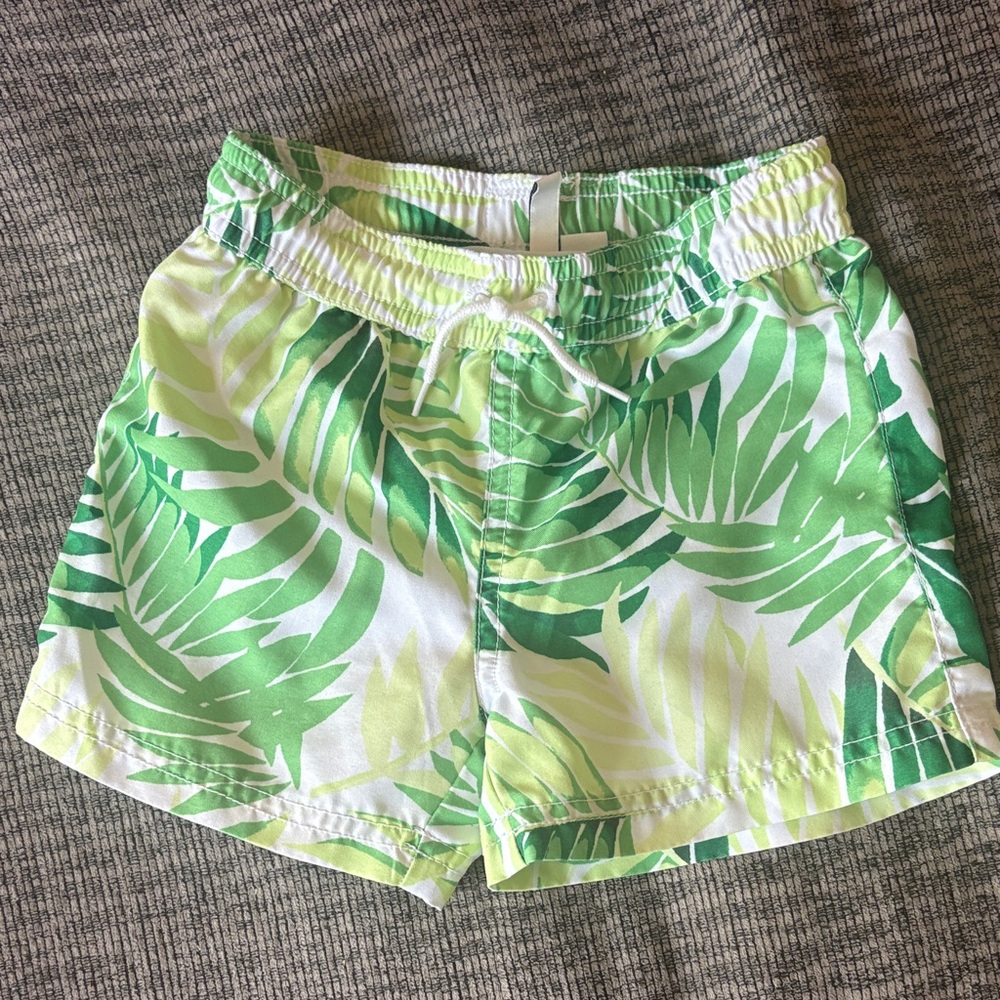Janie and Jack Green Palm Print Kids Swim Trunks